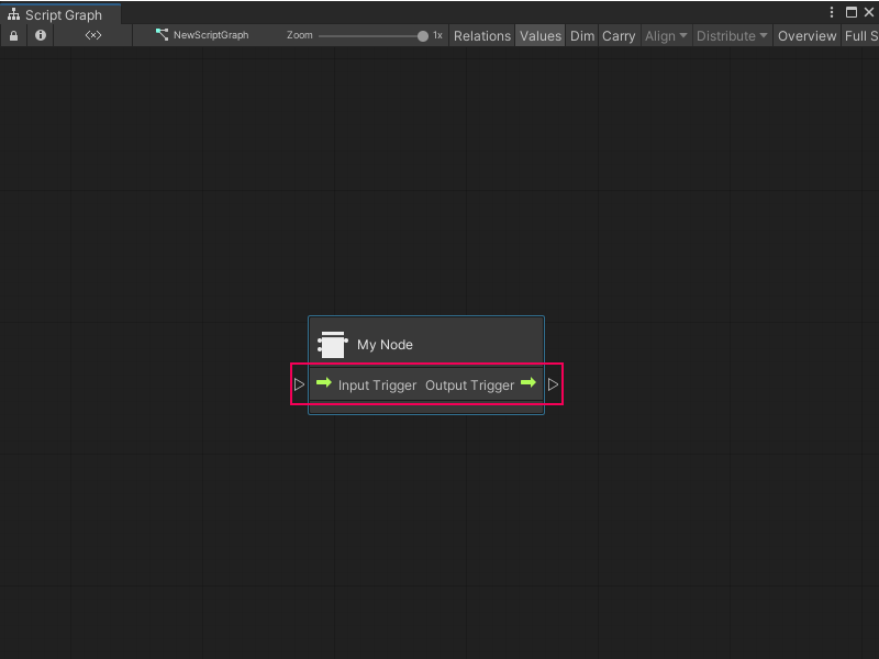 An image of the Graph window. The Custom C# node, My Node, now appears with an Input Trigger port and an Output Trigger port.