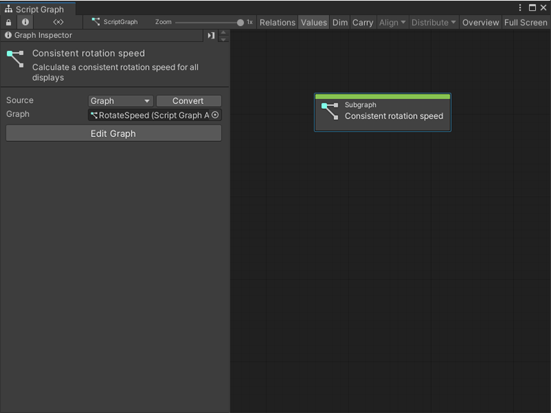 An image of the Graph window, showing a new Subgraph node created from an existing Script Graph added to another Script Graph file