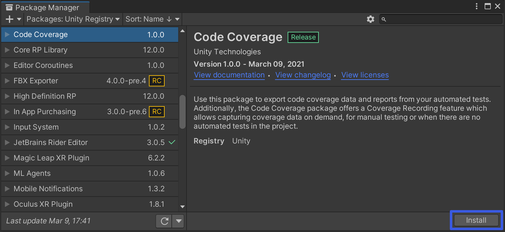 Install Code Coverage package